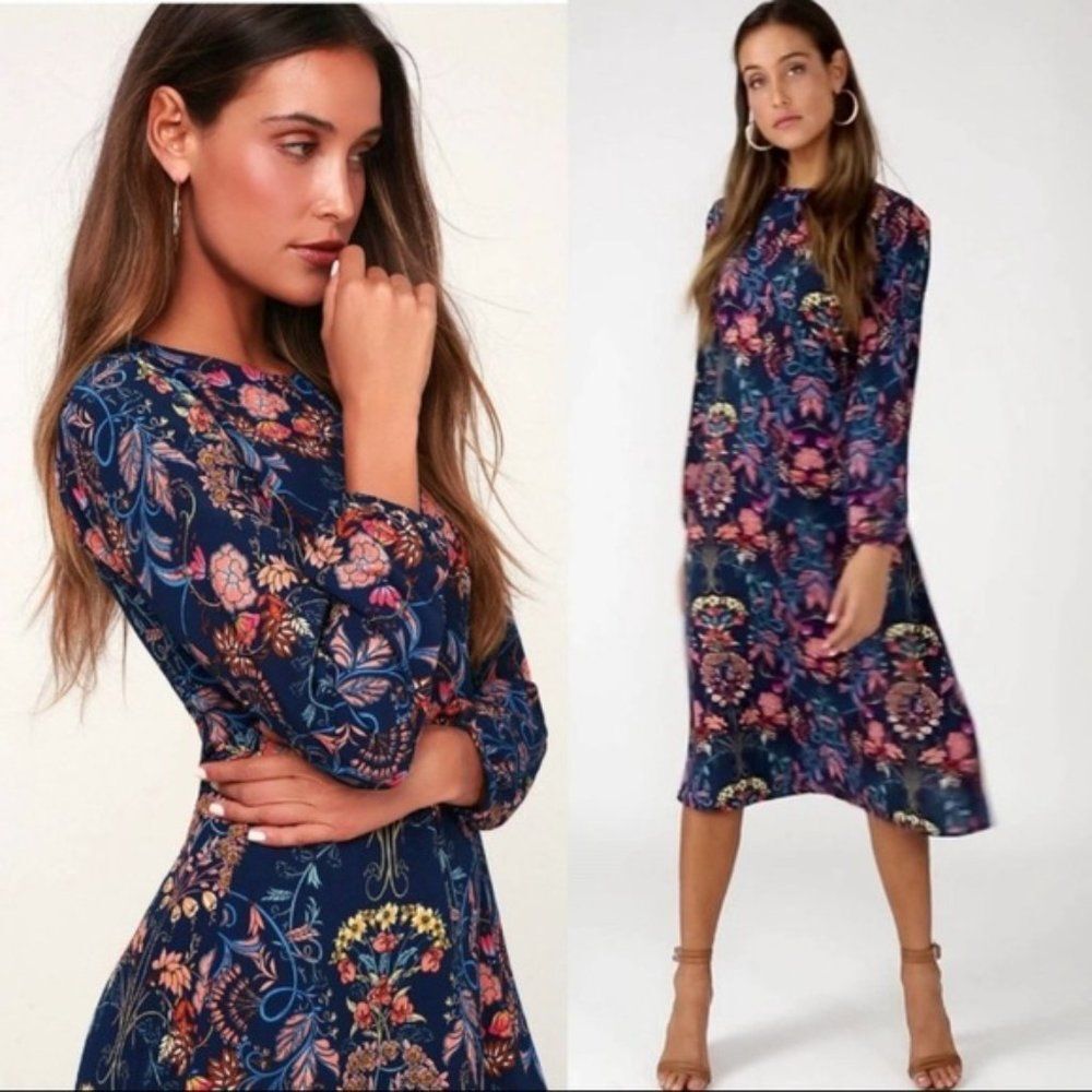 Lulus I. Madeline navy floral print long sleeve midi dress crew neck modest chic